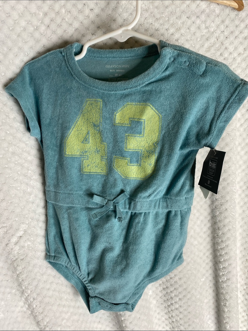 Grayson Mini MutedTeal GreenTerry Baby Romper Bubble Outfit with number 43